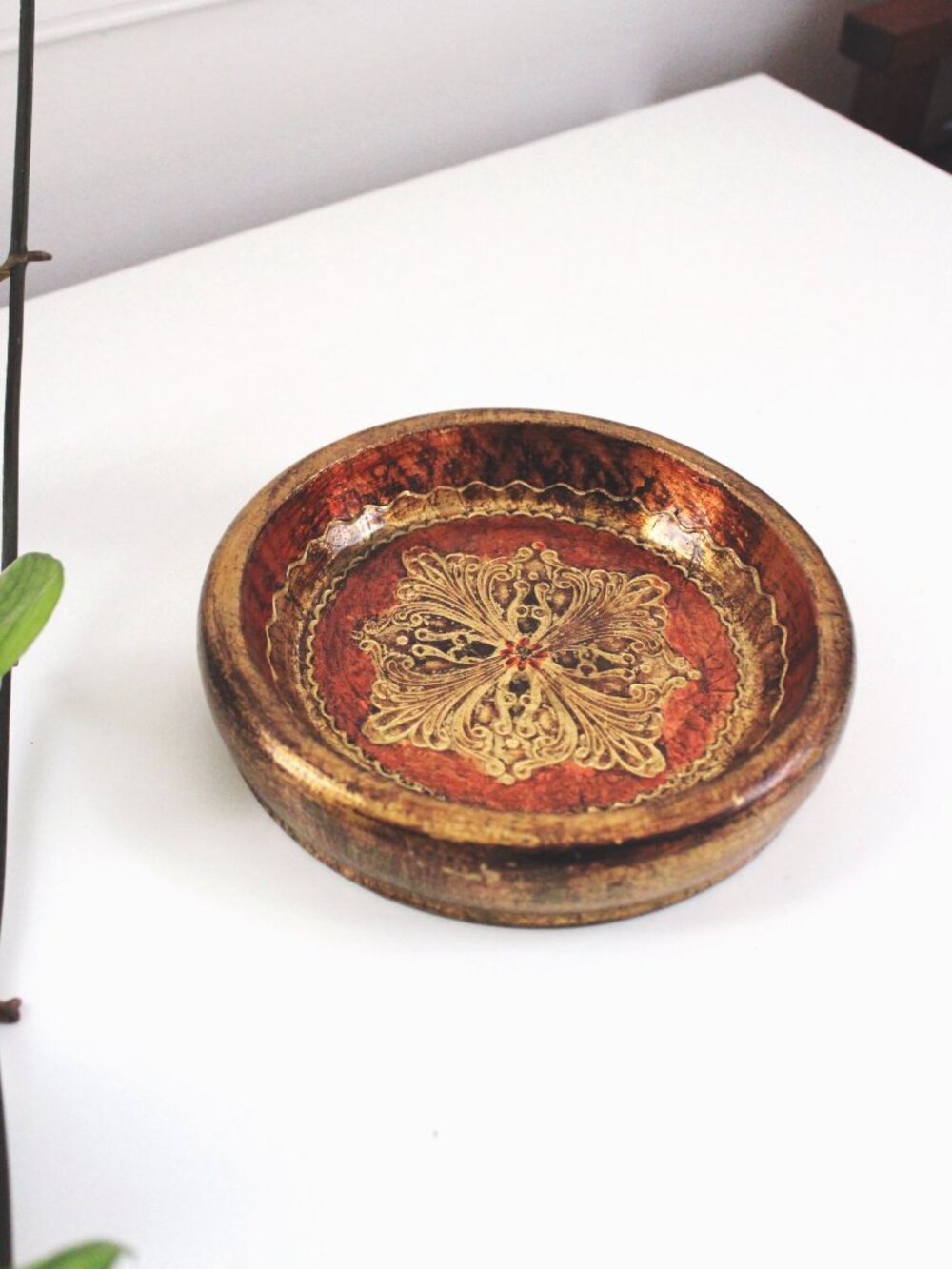 Vintage Florentia Hand-Painted Bowl Tray Dish Gold Red Italian Mid Century MCM - Picture 4 of 5